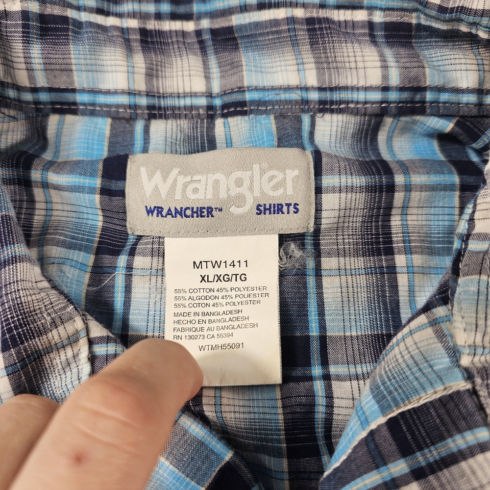 Wrangler Wrancher Pearl Snap Men XL Shirt Short Sleeve Aqua Blue Plaid Western - Picture 2 of 6